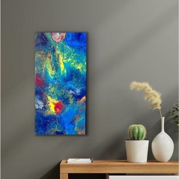 Splatter Blue, Yellow and Green Pour Painting 10 x 20 Stretched Canvas Art - Picture 10 of 10